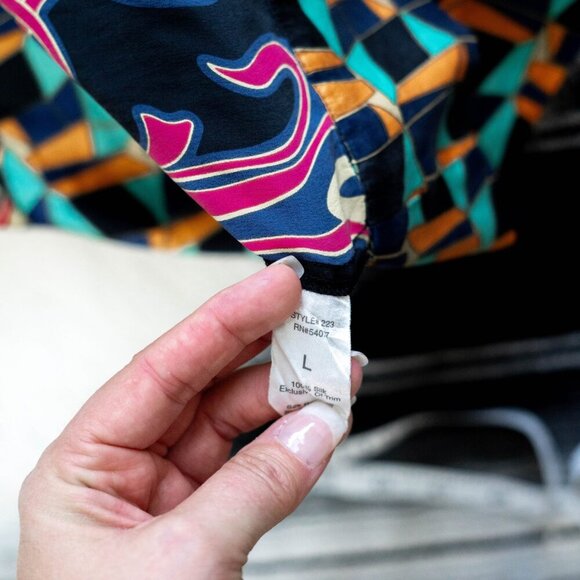 CAbi Chelsea Tunic SzL Colorful 100% Silk Babydoll Empire Waist Tie 3/4 Sleeve - Picture 2 of 9